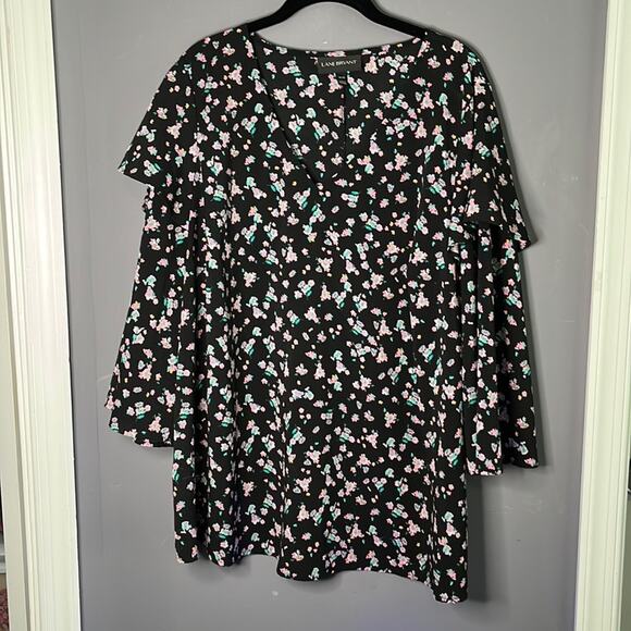 Lane Bryant Black and Pink Floral Flared Sleeve Blouse Size 18/20 - Picture 10 of 10